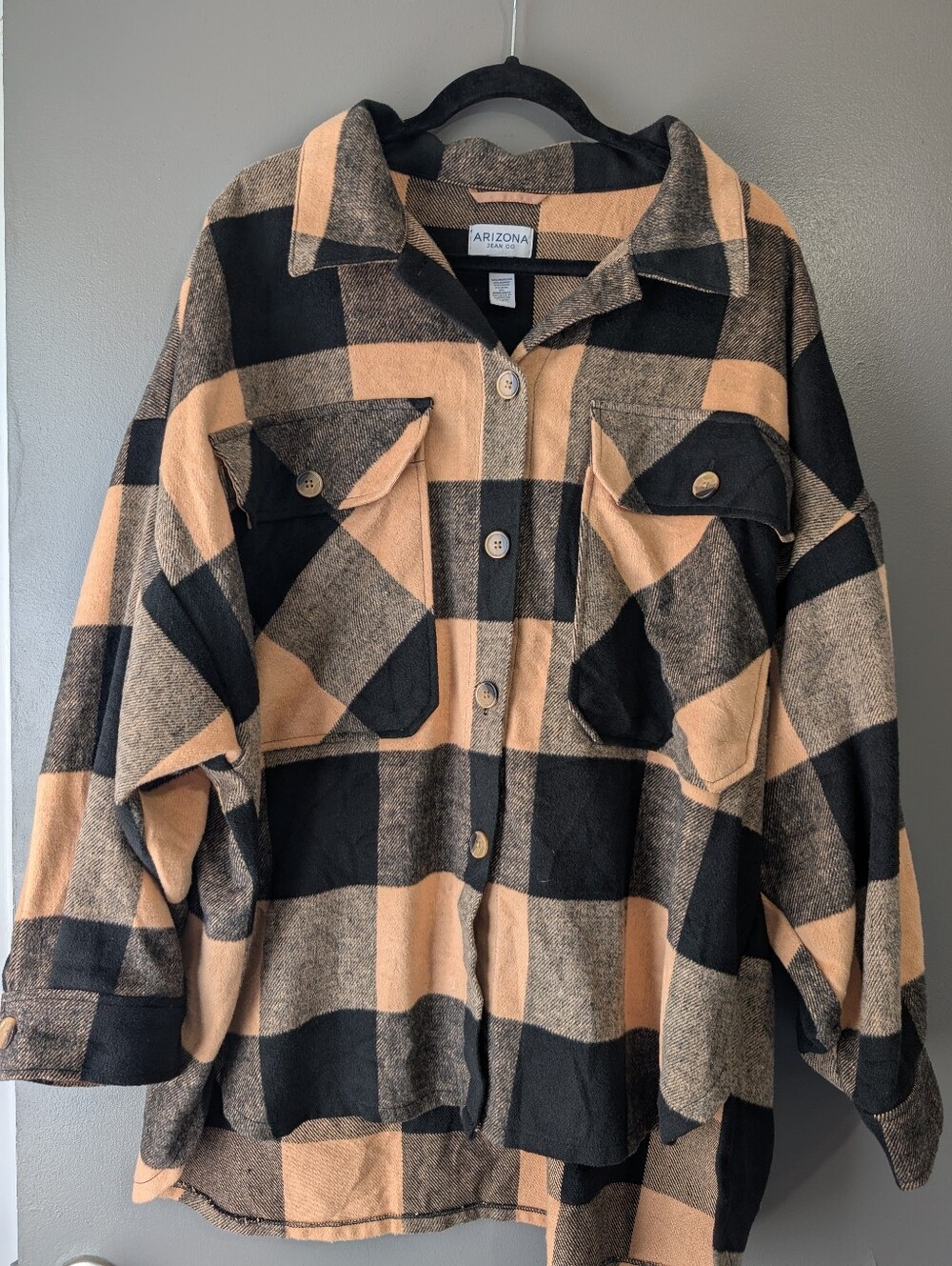 Arizona Jean Co Women’s XXL Plaid Shacket Shirt Jacket Black Tan Oversized